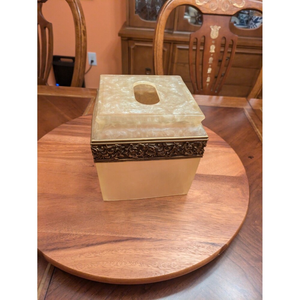 Wamsutta Adagio Bronze & Ivory Faux Marble Pearl Tissue Box Holder Cube Cover